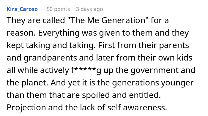 Reddit comment criticizing "The Me Generation" for being entitled and blaming younger generations.