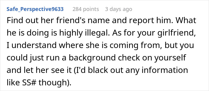 Comment discussing the legality of a girlfriend wanting her boyfriend's Social Security number for a background check.