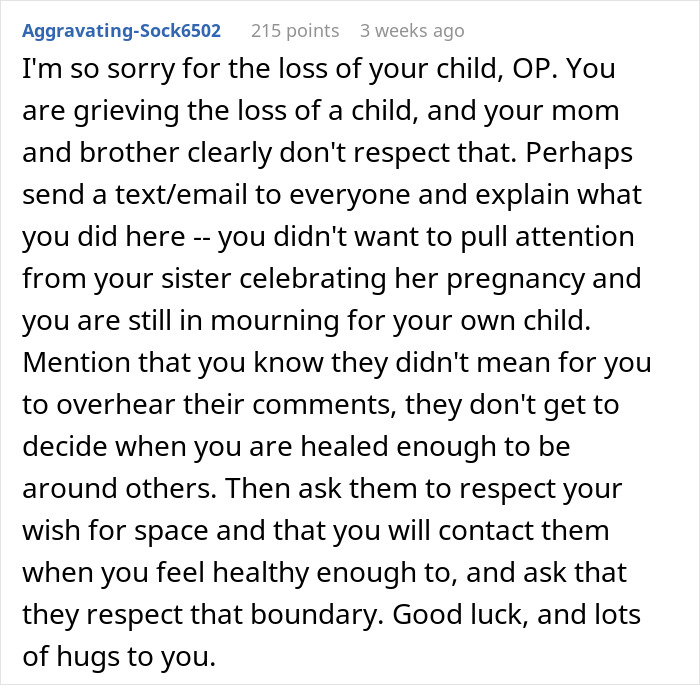 Text comment on loss and grief related to miscarriage, offering support and advice on boundaries.