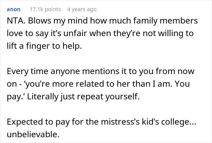 Text exchange about a woman's refusal to pay for husband's affair child's college fund.