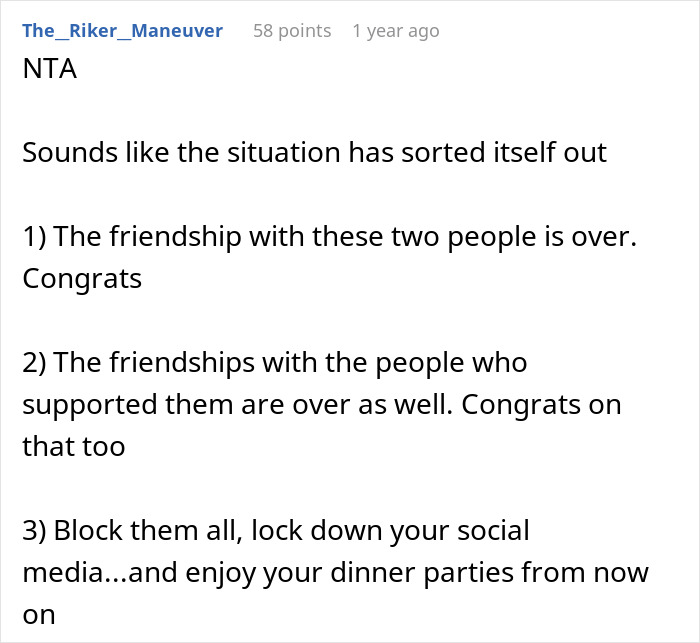 Reddit comment on ending friendships over food waste at a dinner party, advising to block on social media.