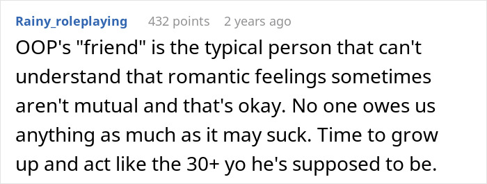 Comment on unrequited love and emotional maturity related to a love confession from a male best friend.