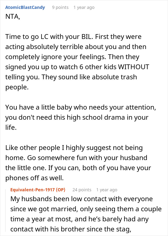 Reddit comment about family pressures and refusing to care for six kids at brother-in-law's wedding.