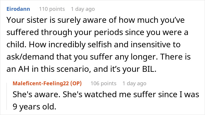 Text conversation about a woman's decision on hysterectomy and family pressure to be a surrogate.