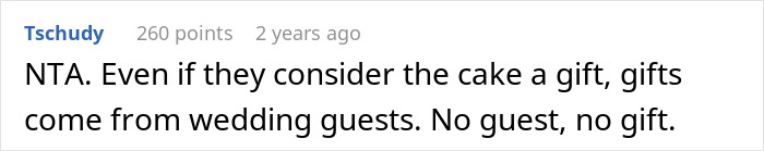 Comment discussing a wedding cake gift's cancellation due to uninvited guests.