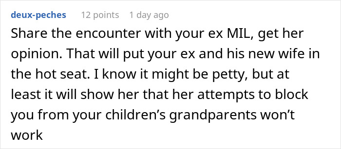 Reddit comment discussing how to handle a situation with an ex-MIL and ex’s new wife after receiving a birthday gift.