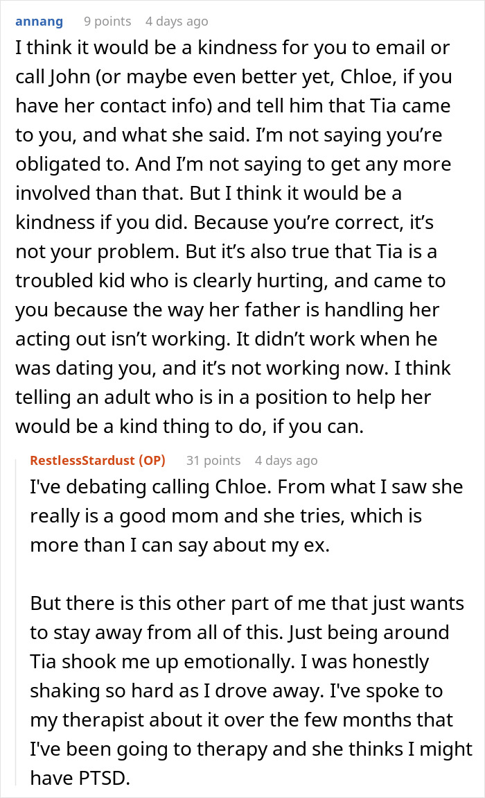 Reddit comments discussing a teen's emotional struggles with her dad's new and ex-girlfriend.