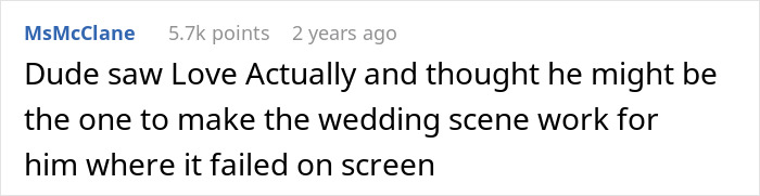 Comment referencing "Love Actually" and a wedding scene, discussing a love confession from a male best friend.