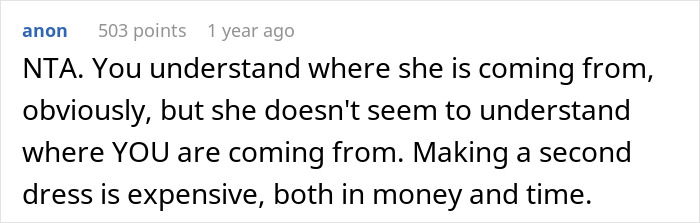 Comment discussing cost and effort of making a second wedding dress, highlighting a family disagreement.