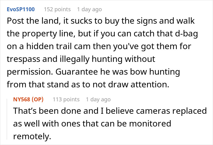 Reddit thread discussing an entitled neighbor allegedly hunting deer on private land without permission.