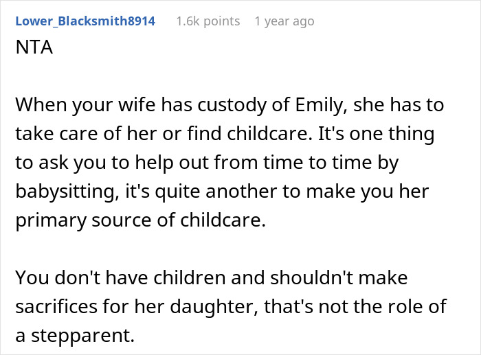 Reddit comment discussing step-parent responsibilities, focusing on hobbies and childcare balance.