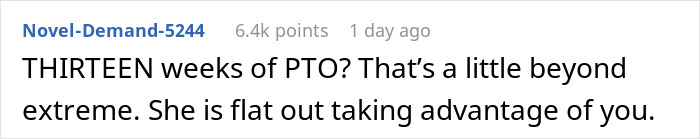 Reddit comment criticizing excessive PTO in a bereavement-employee-fetus-miscarriage context.