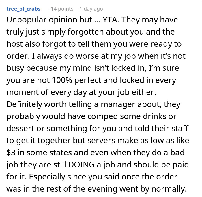 Comment discussing staff forgetting guests and tipping, mentioning servers making low wages and addressing management.