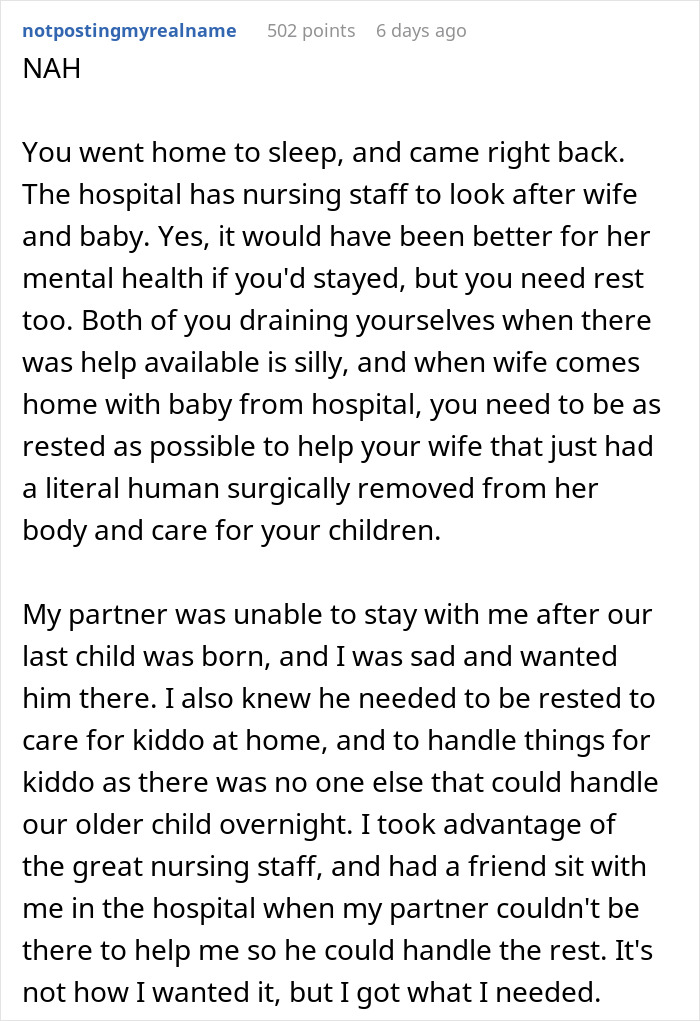 Reddit post discussing a man's decision not to stay with his wife after her C-section, seeking internet opinions.