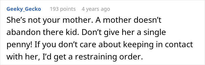 Comment criticizing a toxic mom’s demand for a child's inheritance, suggesting a restraining order.