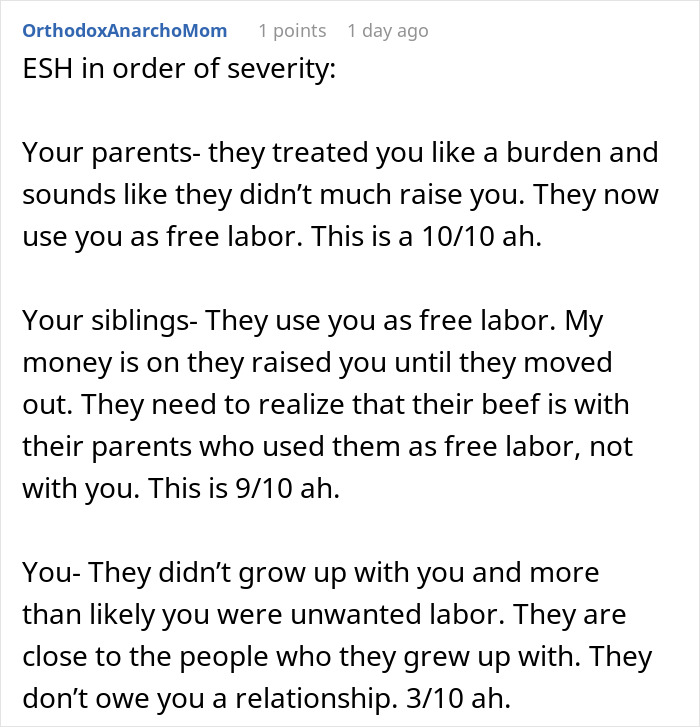 Text discussing teen refusing to be family babysitter due to feeling used as free labor by parents and siblings.