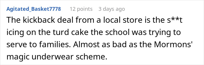 Reddit comment criticizing a school's dress code policy and local store deal.