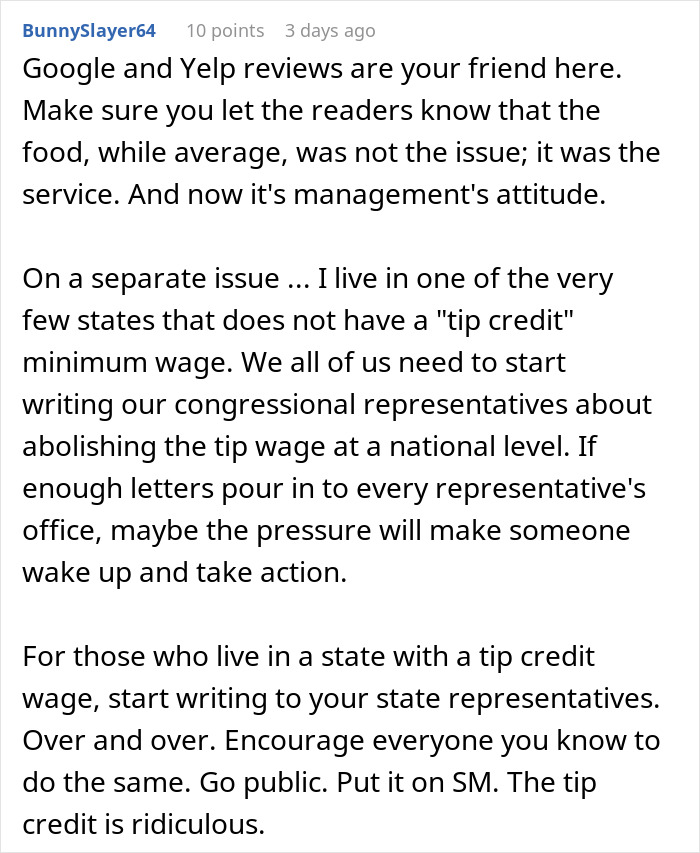 Reddit comment discussing service issues and advocating for abolishing the national tip wage.