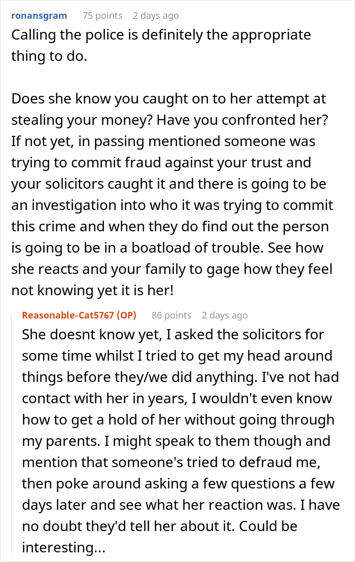 Text message discussing sister stealing from trust fund.