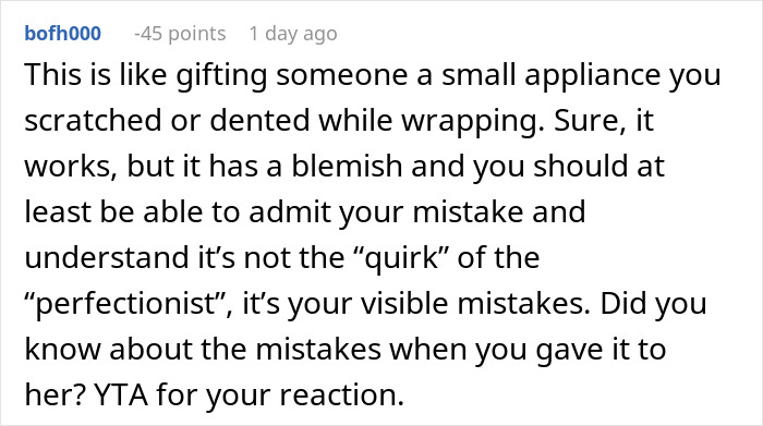 Negative comment discussing blemishes on a handmade gift, mentioning perfectionism and a reaction labeled as YTA.