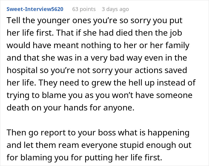 Online comment discussing consequences of calling an ambulance, leading to coworker's firing.