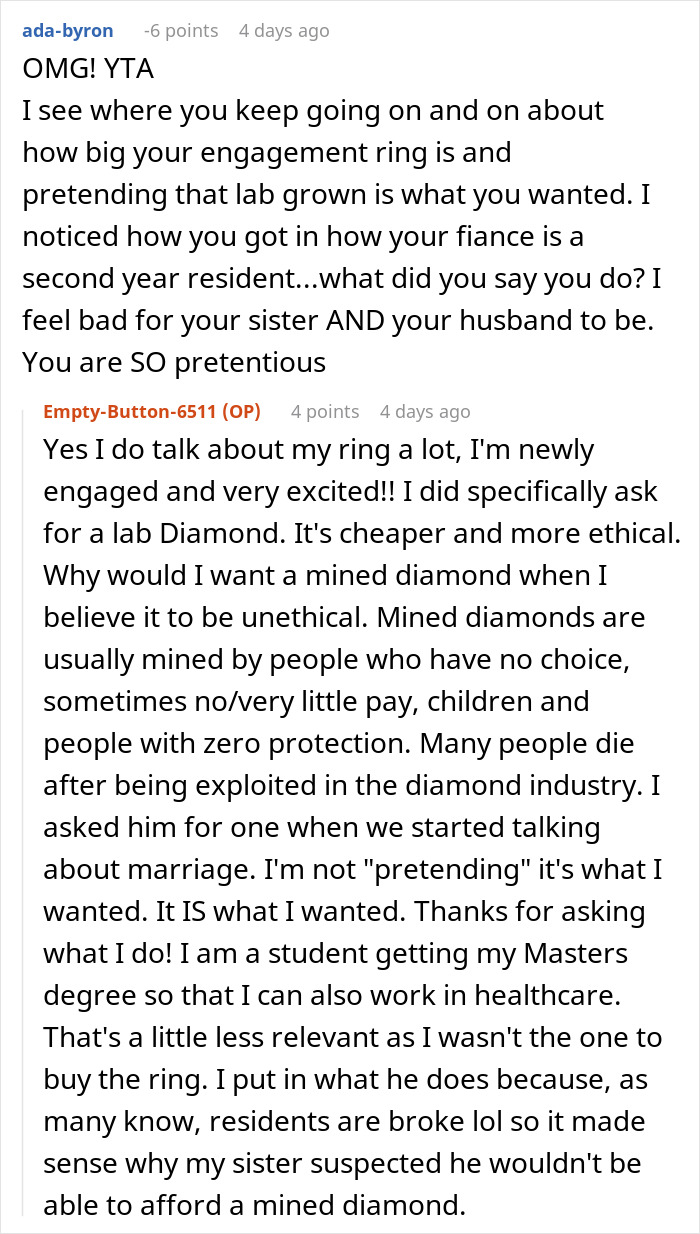 Reddit comment exchange about engagement rings and ethical diamond choices.