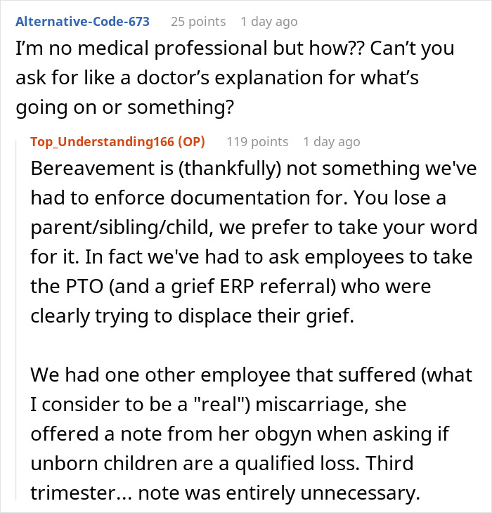 Discussion on bereavement leave for employees after miscarriage, highlighting need for understanding and support.