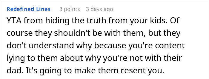 Screenshot of a comment criticizing a woman for hiding the truth from her kids about their dad.