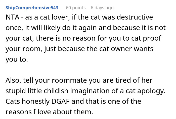 Text screenshot discussing cat-related issue and roommate's behavior.