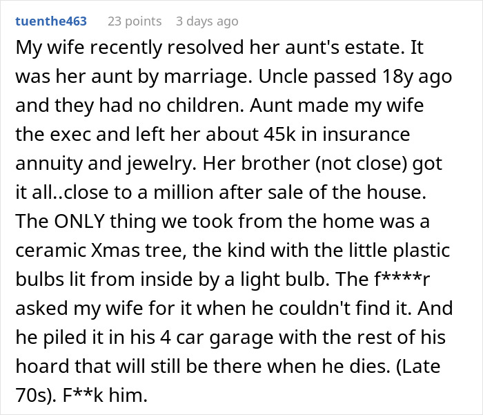 Text discussing an estate inheritance, where a woman receives annuity and jewelry, but the brother obtains most assets.