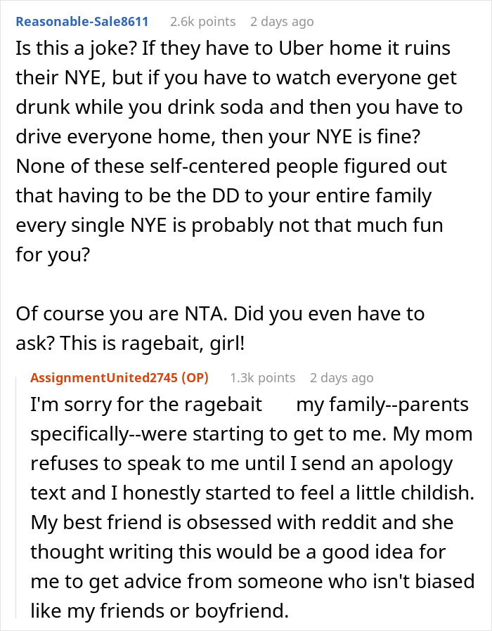 Reddit discussion about family New Year's Eve drama over designated driver issue.