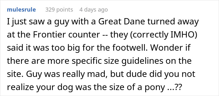 Text exchange about a plane service dog seat issue with a Great Dane being too large for the footwell at Frontier counter.