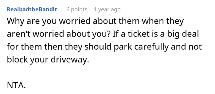 Comment discussing issues with cars blocking a driveway, mentioning consequences and responsibility.