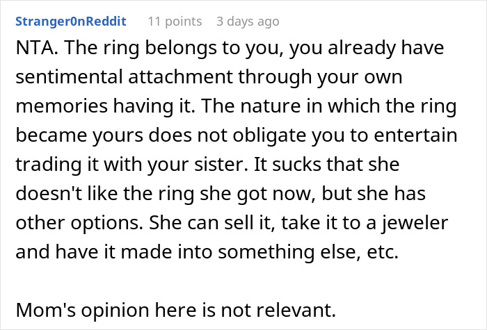 Reddit comment discussing sisterly conflict over a sentimental heirloom ring.