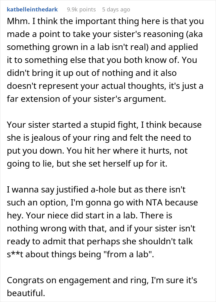 Reddit user katbelleinthedark discusses a sibling argument over the idea of a "real baby.