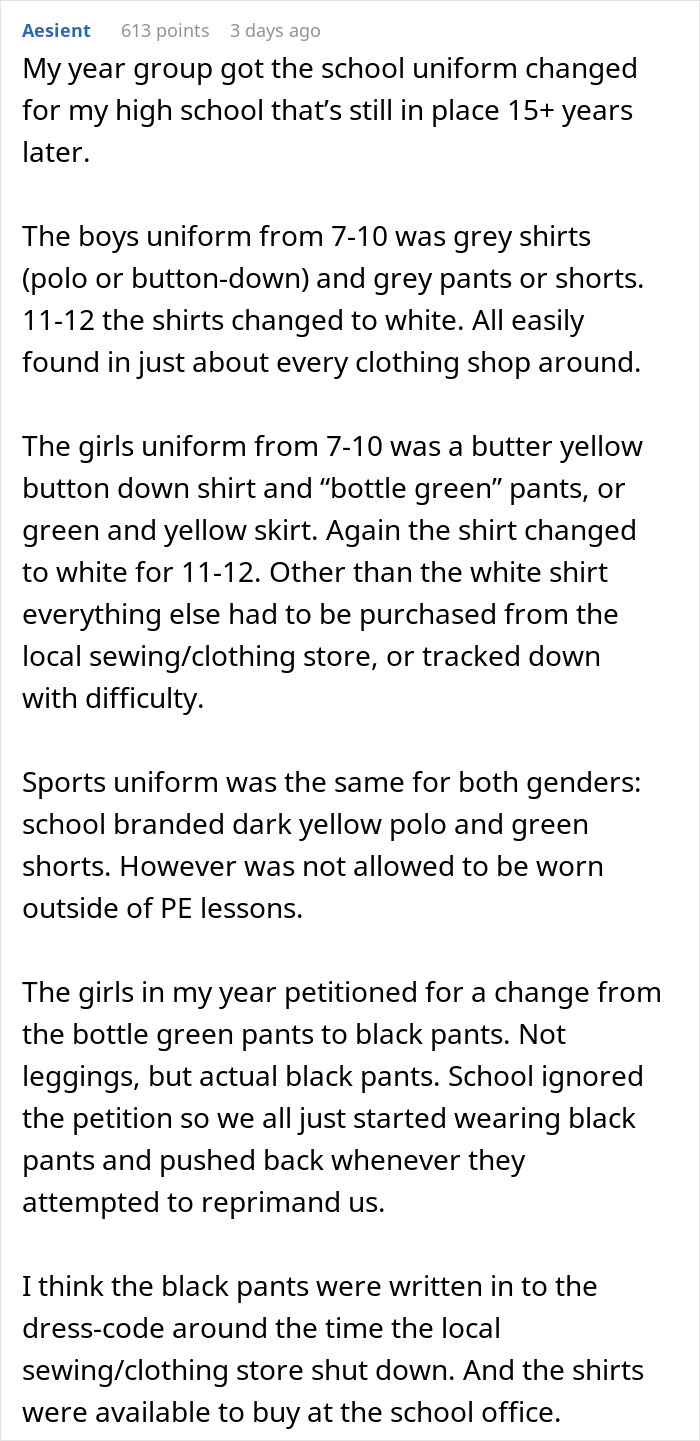 Text detailing a mom's clever use of a school dress code loophole and the resulting influence on uniform compliance.