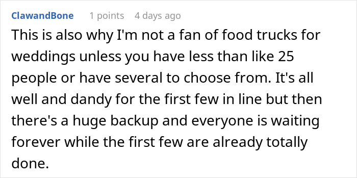 Comment about wedding food trucks and guest waiting issues.