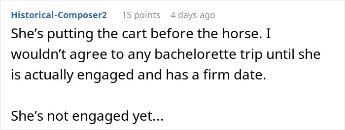 A comment discussing drama about a bachelorette mini vacation before engagement.