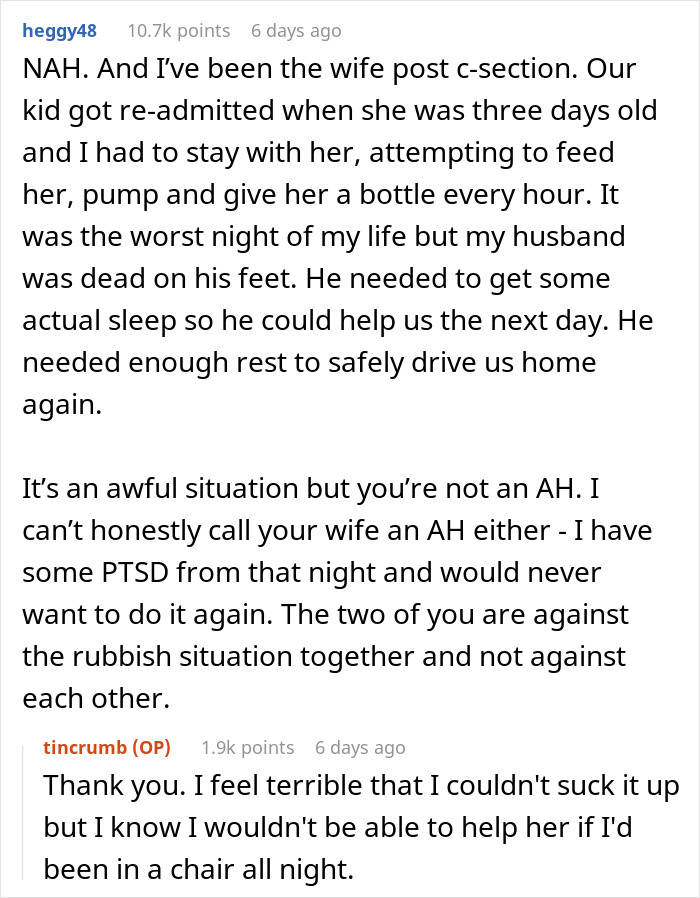 Reddit user comments discussing a husband's decision not to stay after wife's C-section.