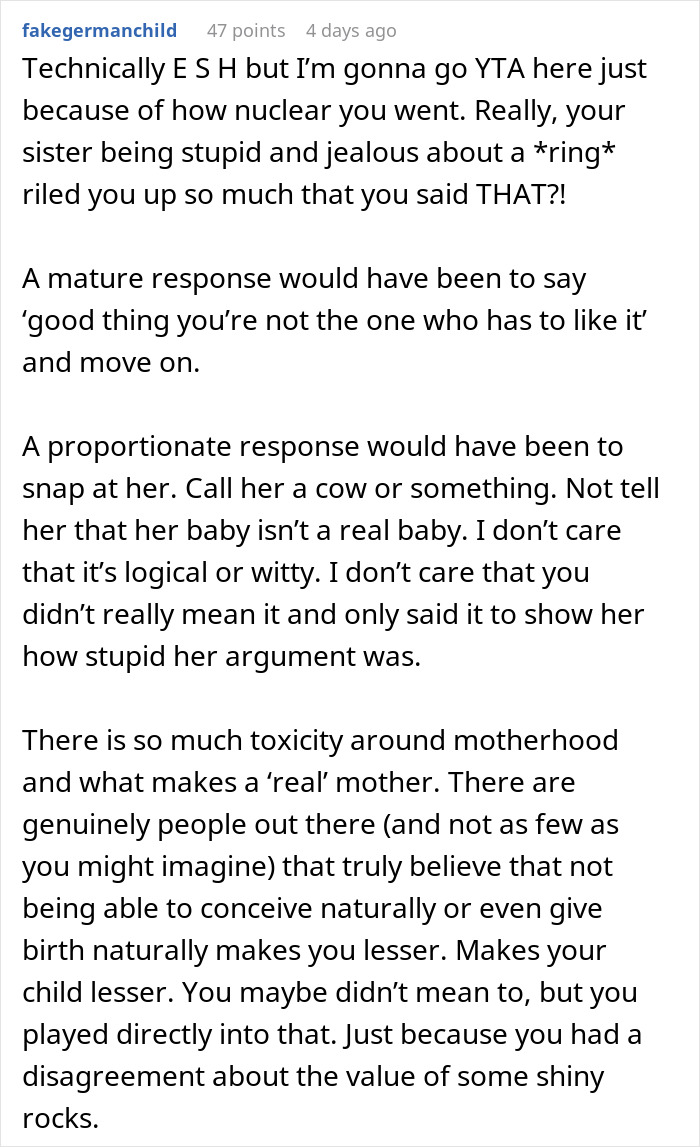 Reddit comment analyzing a conflict about whether a sister's baby is a real baby.