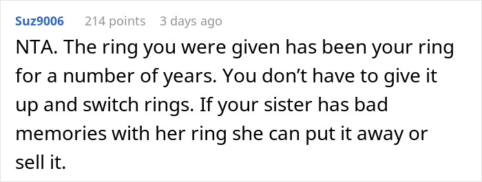 Comment discussing sister not giving up heirloom ring dispute.