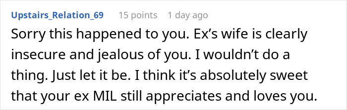 Comment discussing ex-MIL gifting a bracelet and the ex’s new wife feeling insecure and jealous.