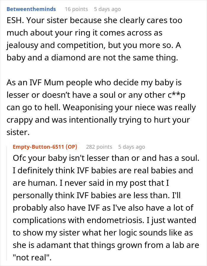 Reddit discussion on sister's baby being a real baby with IVF mentions and relationship issues.