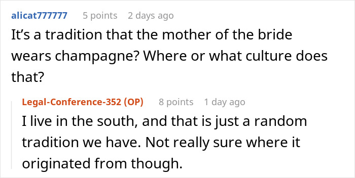 Comments discussing wedding attire tradition of wearing champagne in the South.