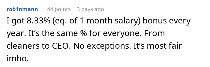 Text post discussing fair yearly bonus for all employees, from cleaners to CEO.