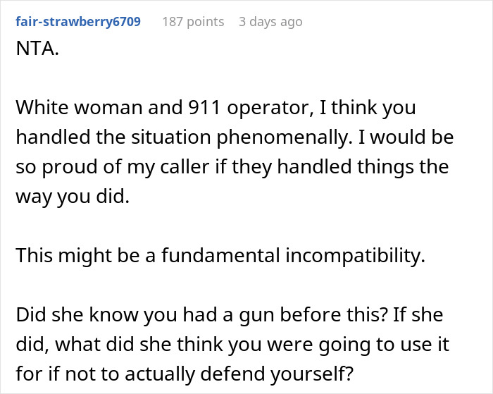 User comment defending the decision to threaten intruders with a gun in a discussion thread.