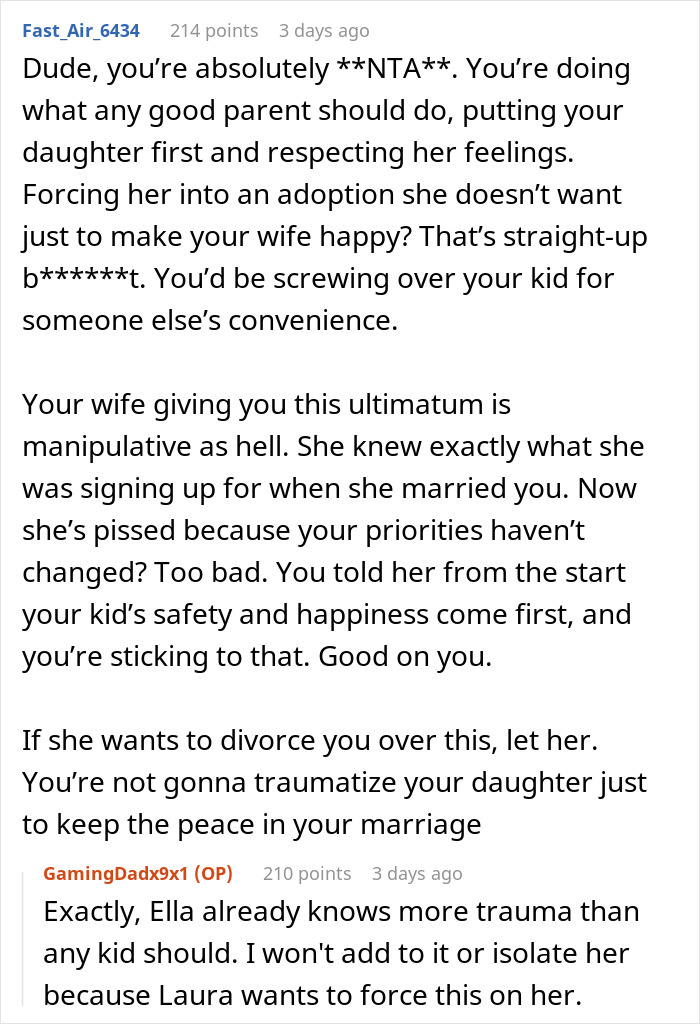 Reddit thread discussing a dad refusing wife’s adoption of daughter, prioritizing her safety and happiness.