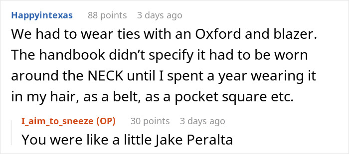 Reddit comment about creatively wearing ties to exploit school dress code loophole.