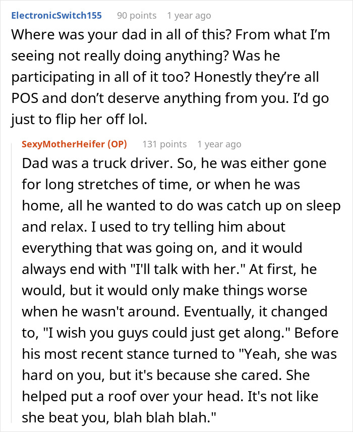 Reddit exchange about a woman's stepmother's insults and her father's absence, leading her to avoid visiting.