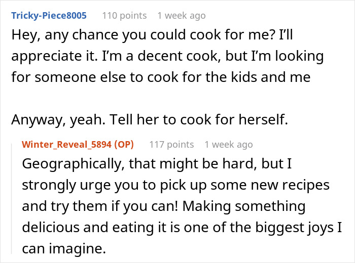 Text exchange about cooking suggests trying new recipes despite geographical challenges, related to husband-wife cooking drama.